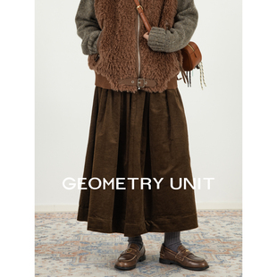 显瘦半裙蓬蓬中长裙 美式 几何单元 复古棕色灯芯绒A字半身裙女冬季