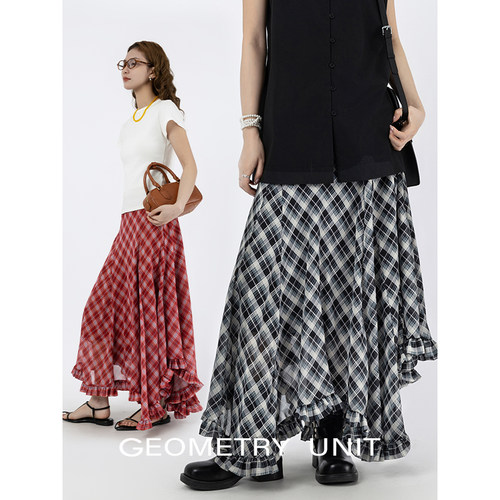 不规则底摆木耳边拼接A字半身裙