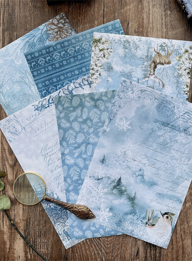 JUNKJOURNAL 复古浅蓝色雪景TN手帐装饰字母麋鹿摆拍打底素材贴纸