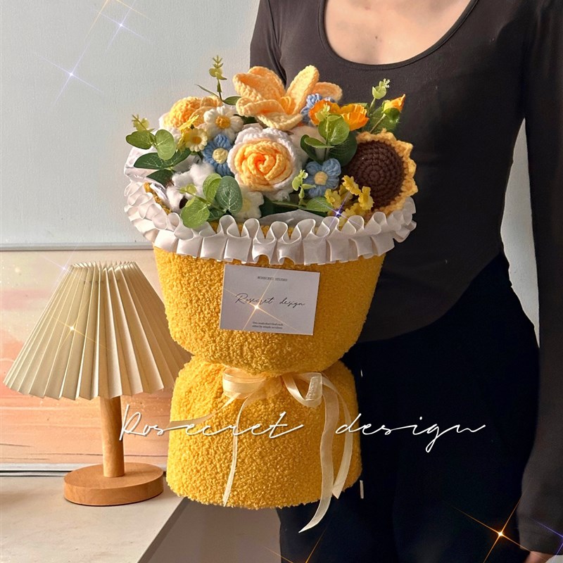 编织毛线花束手工玫瑰成品创意生日礼物毕业干花向日葵针织母亲节