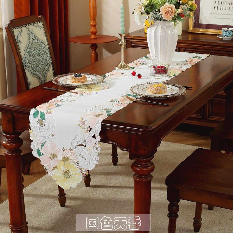 9963中式田园刺绣长条形电视柜鞋柜餐桌茶几防尘盖巾布艺桌旗,居家布艺,桌旗,淘宝优惠券,粉丝福利购,淘宝优惠卷