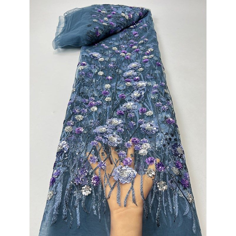 欧洲蓝色蕾丝网纱布料满幅珠片花朵亮片刺绣面料礼服婚纱旗袍服装
