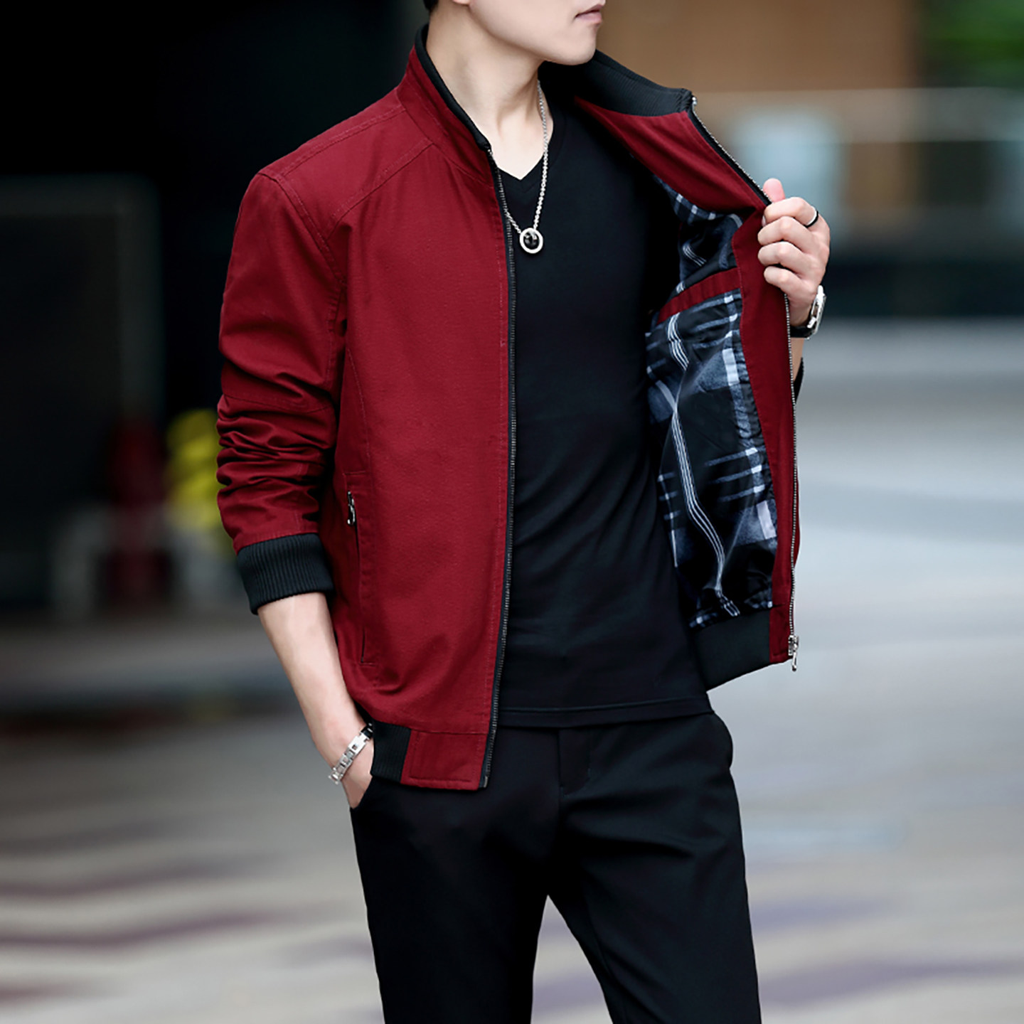 酒红色外套男纯棉夹克衫大码男装潮流休闲年轻爸爸短款上衣高级感