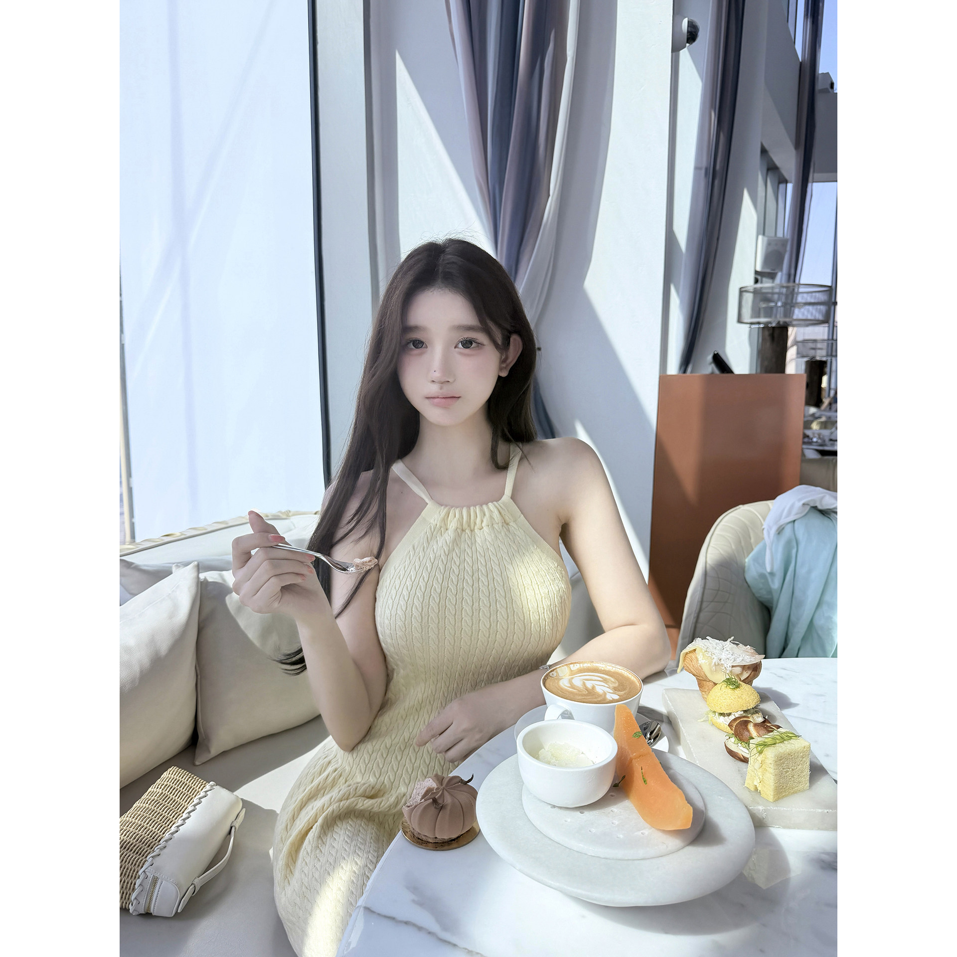 若语定制 恋恋夏日 纯欲气质性感显瘦修身裙子绞花挂脖系带连衣裙