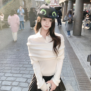 若语定制  lab学姐假两件衬衫一字肩拼接修身显瘦柔软针织上衣女