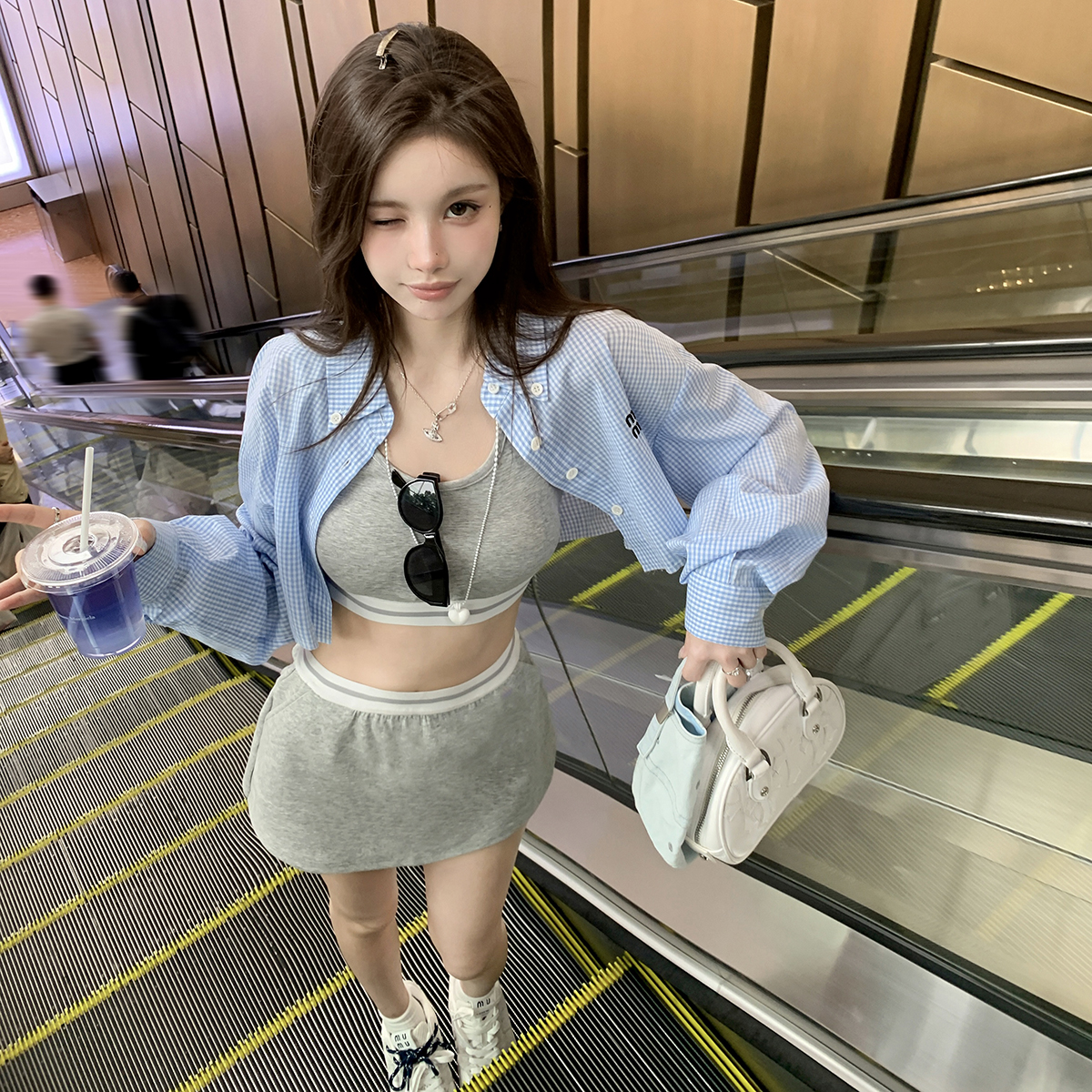 运动背心半裙衬衫撞色套装