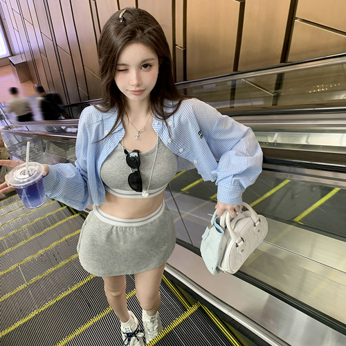 运动背心半裙衬衫撞色套装