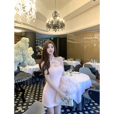 若语定制 头号甜心 蝴蝶结挂脖修身连衣裙纯欲气质名媛打底生日裙