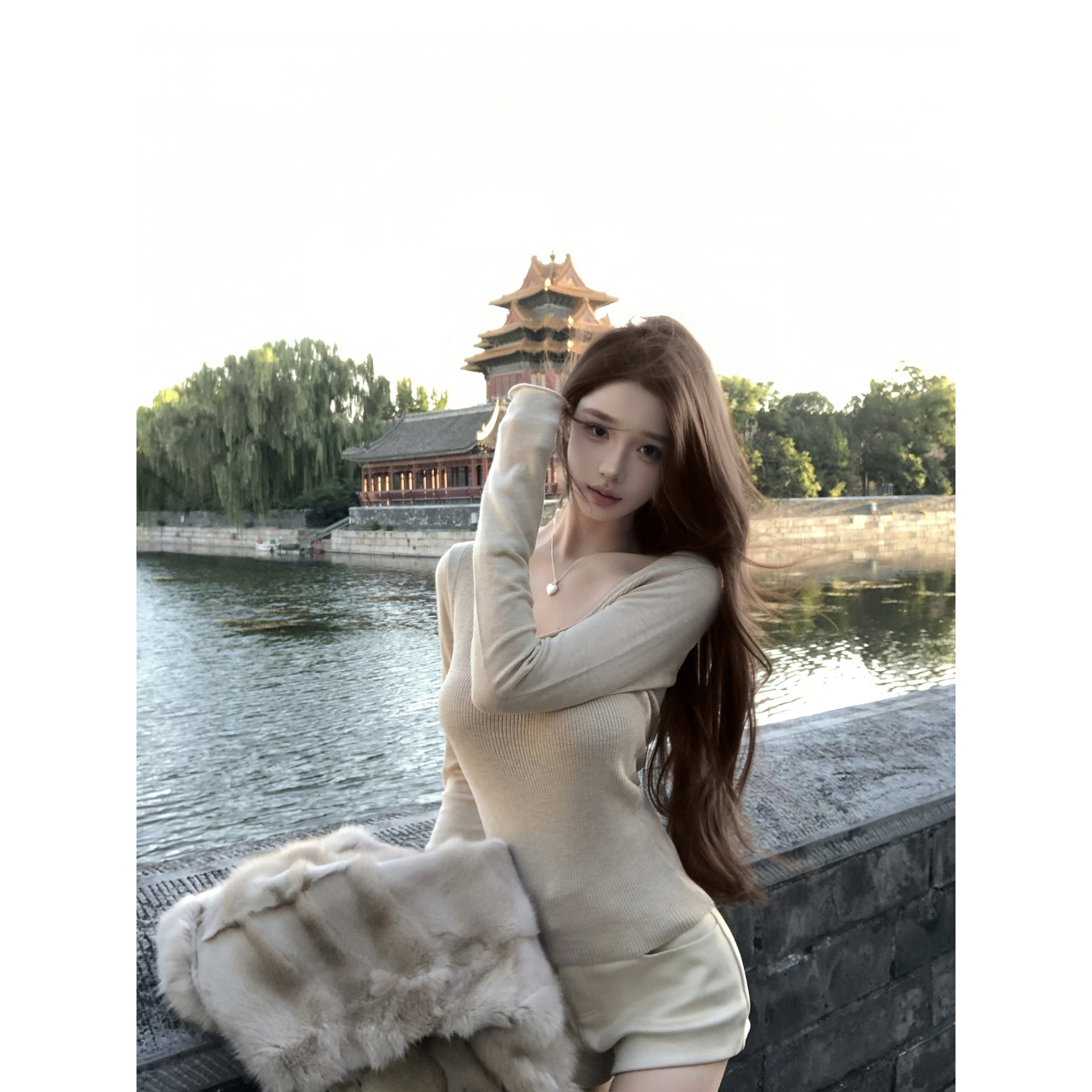 若语定制 钓系欧尼 大u领喇叭袖细坑条针织上衣纯欲性感修身显瘦