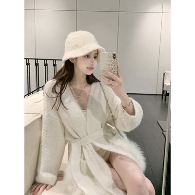 若语定制 软软豆乳 狐狸毛口袋系带长毛衣中长款针织开衫外套秋冬