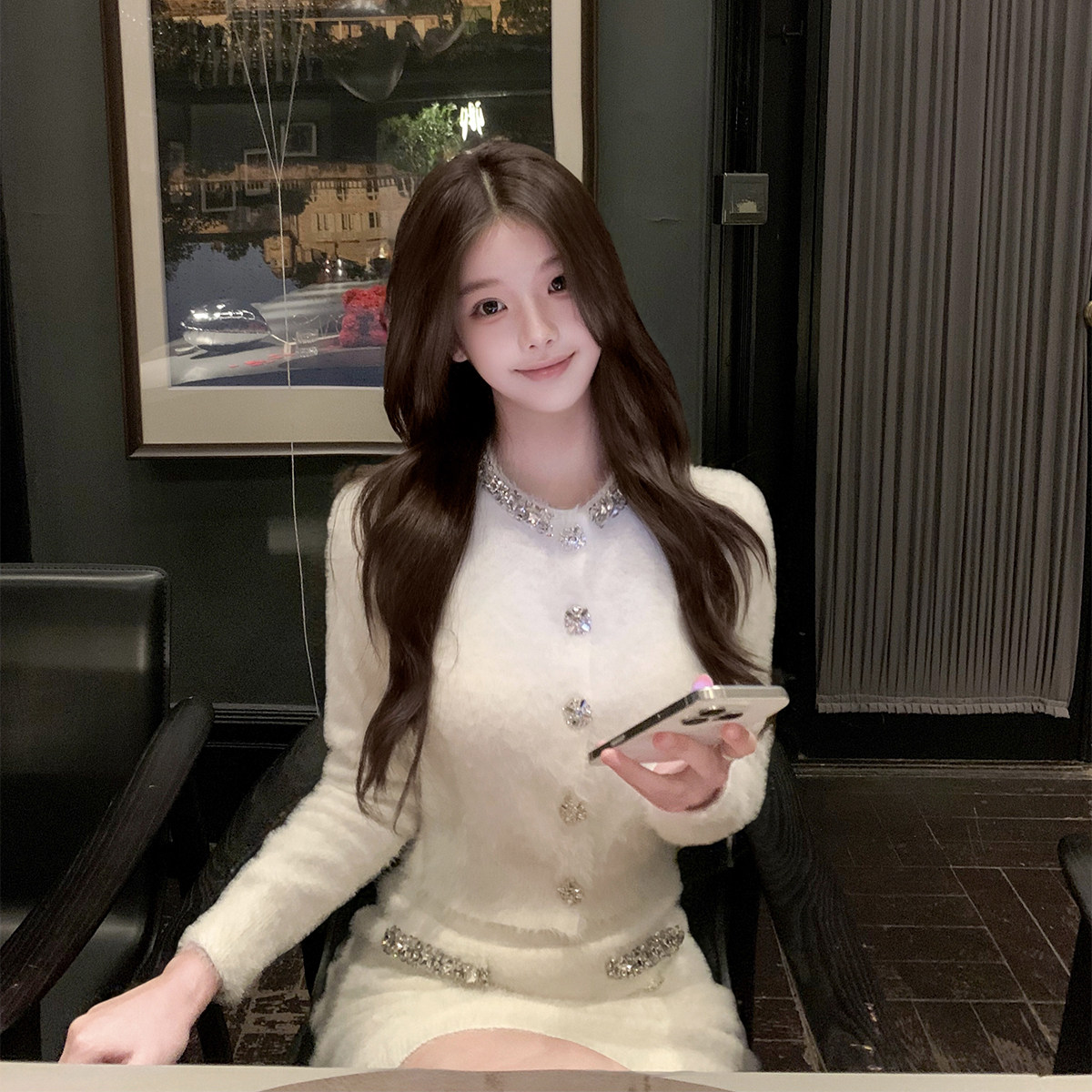 若语定制 千金小富女 手缝钉钻小香风环保貂针织上衣包臀半裙套装,女装/女士精品,时尚套装,淘宝优惠券,粉丝福利购,淘宝优惠卷