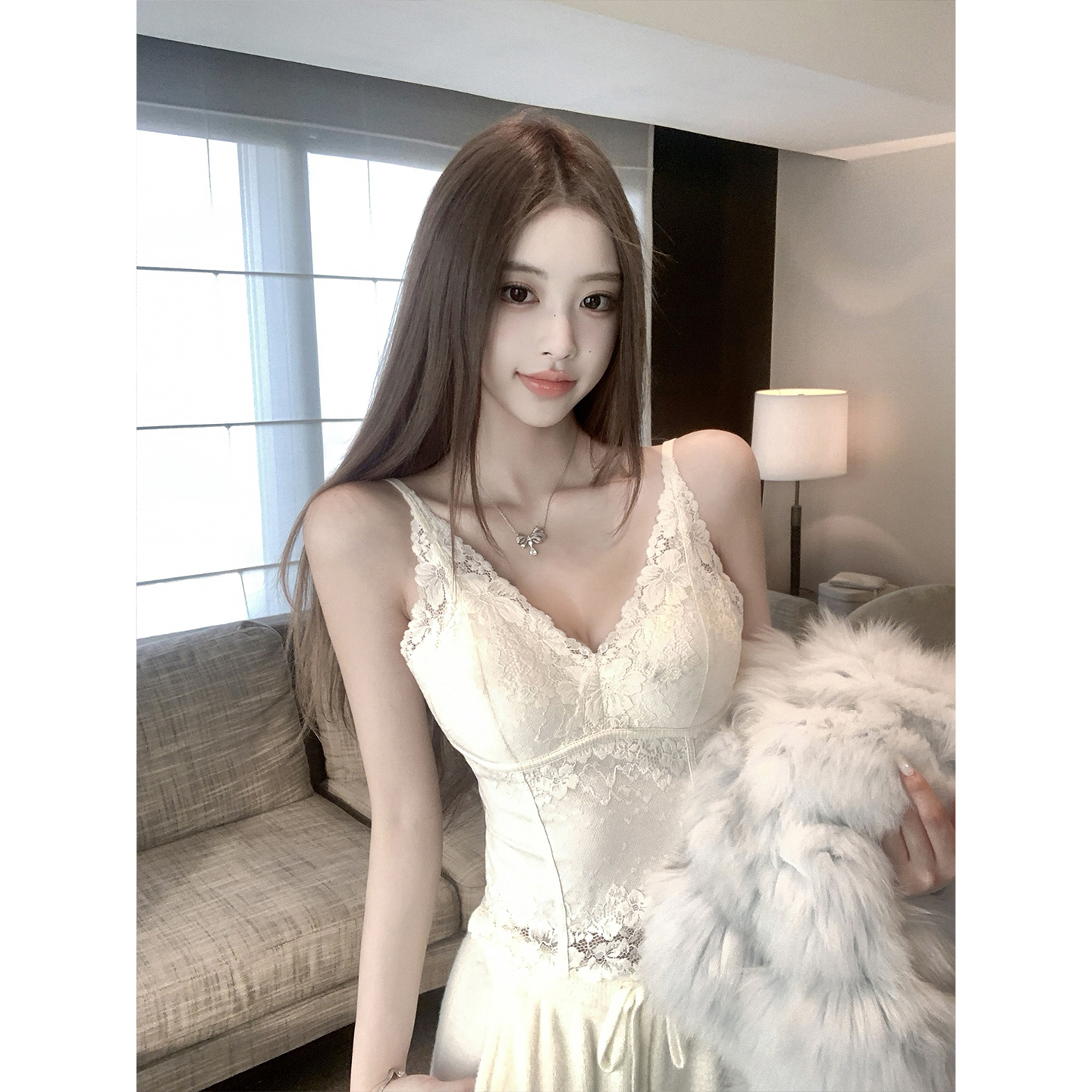 若语定制 娇欲蕾丝 纯欲性感气质内里磨毛弹力蕾丝吊带衫内搭打底