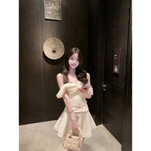 若语定制 纯欲气质扭结一字肩抹胸上衣网纱半裙套送腰带 娇贵姐姐