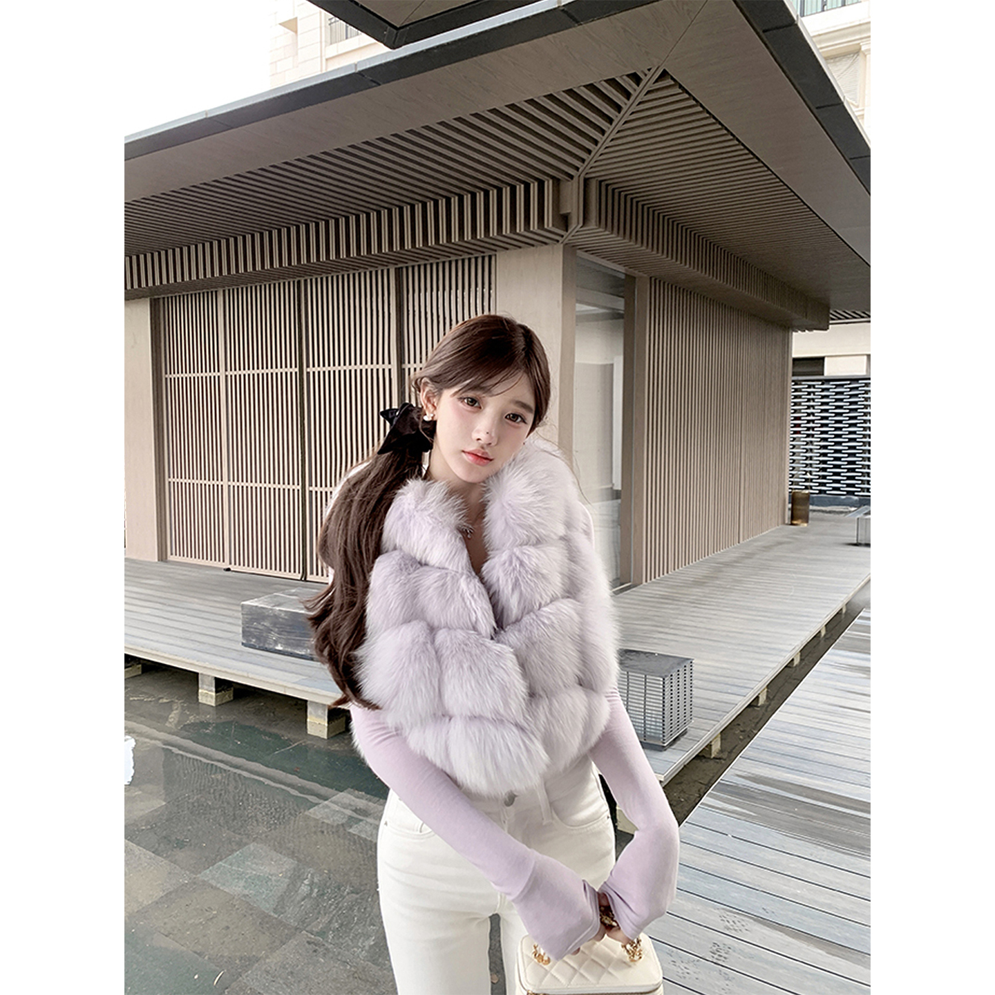 若语定制 泡芙奶狐 100狐狸毛连帽马甲背心贵气名媛气质皮草外套
