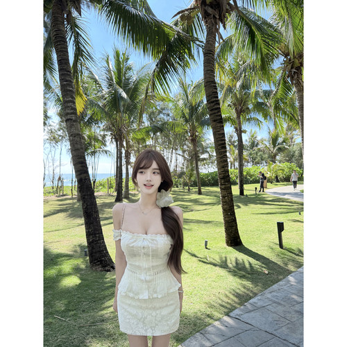 若语定制 白玫奶芙100莱赛尔一字肩性感纯欲重工蕾丝上衣蕾丝半裙