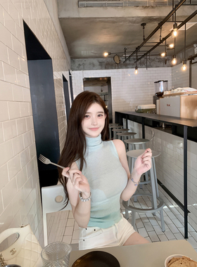 若语定制 南韩oni 微透堆堆领纯欲性感高领针织背心上衣女含羊毛