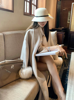 若语定制 old money贵贵大姐姐 80羊毛收腰大衣狐狸毛双面呢外套