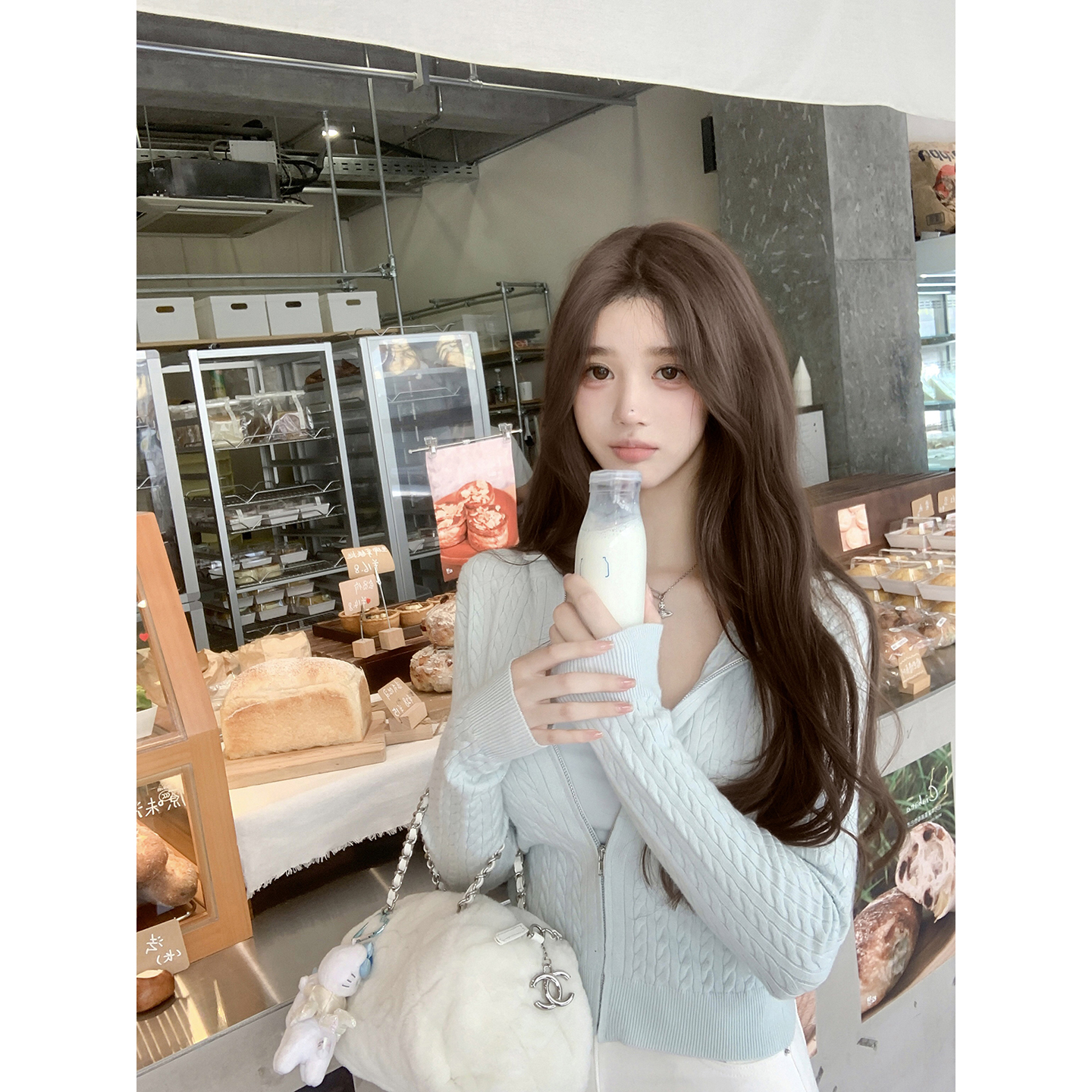 若语定制 淡颜韩女 冰奶蓝麻花连帽针织开衫纯欲气质性感打底衫冬