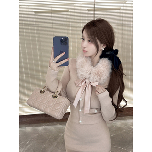 半裙套装 环保狐狸毛系带针织衫 秋冬打底两件套 香软千金 若语定制