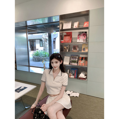 若语定制 氧气MIU白女 纯欲撞色polp短袖上衣高腰半身裙两件套装