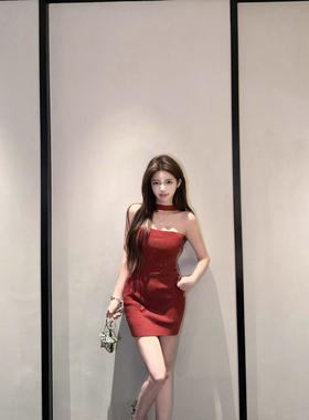 若语定制 新年战裙  闪闪细闪挂脖针织包臀裙纯欲气质性感礼服裙