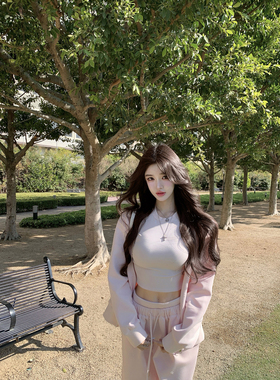 若语定制 白女松弛感 休闲气质连帽宽松假两件卫裤套组早春新款