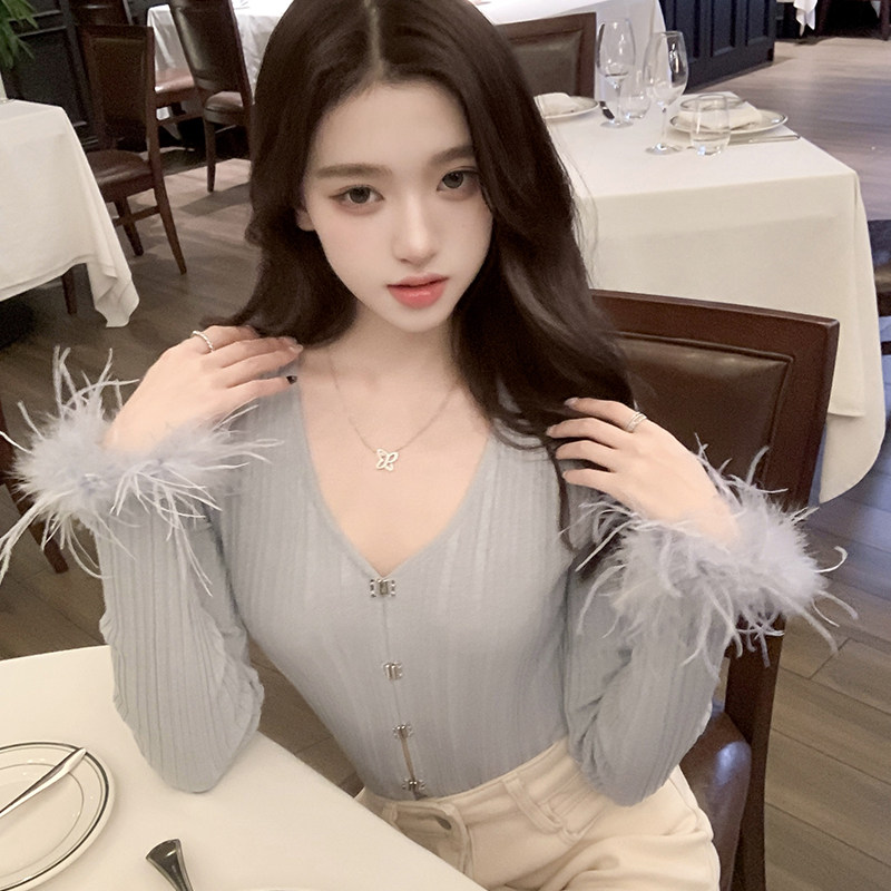 若语定制  甜娇系姐姐V领上衣驼鸟毛可拆卸修身显瘦长袖打底上衣,女装/女士精品,毛针织衫,淘宝优惠券,粉丝福利购,淘宝优惠卷