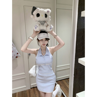 若语定制 baby blue 纯欲气质性感polo无袖挂脖针织背心半裙套装