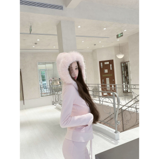 若语定制 白女掐腰 连帽毛领收腰卫衣裤子磨毛套装纯欲休闲显瘦