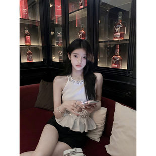 手缝钻拼接挂脖荷叶边上衣女纯欲名媛气质无袖 若语定制 古早氛围