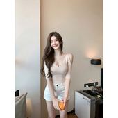 V领蕾丝拼接挖肩纯欲气质性感修身 若语定制 香颂蕾丝Tee 针织上衣