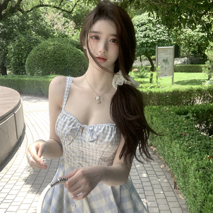 若语定制 盛夏告白 纯欲气质100棉复古蓝白格蕾丝拼接吊带连衣裙