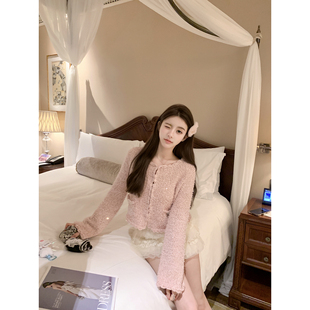 外套气质名媛毛衣 重工亮片手工钩花针织开衫 若语定制 耀眼女主