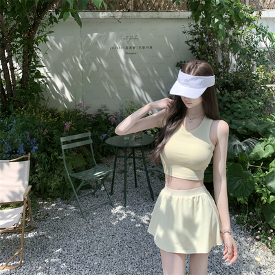 若语定制 a1o素颜套装 修身纯欲气质工字背心透明黄半身裙两件套
