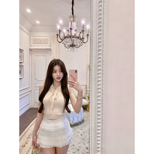 爱恋韩女100莱赛尔飘带蝴蝶结上衣针织无袖 若语定制 背心纯欲休闲