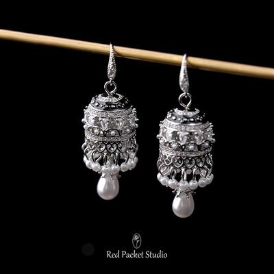 红口袋 法式复古轻奢浪漫银色风铃珍珠耳环微镶锆石流苏耳坠耳饰