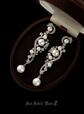 红口袋法式复古轻奢高级感镶钻珍珠耳环S925银针耳坠新娘礼服耳饰