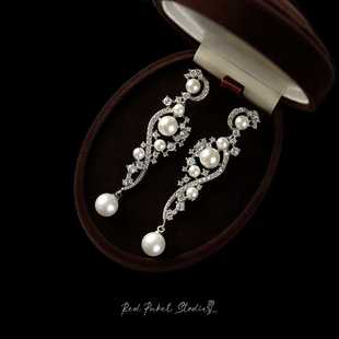 复古轻奢高级感镶钻珍珠耳环S925银针耳坠新娘礼服耳饰 红口袋法式