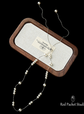 红口袋法式小众高级感冷淡风施家珍珠项链抽拉长款灰色毛衣锁骨链