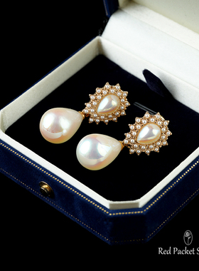 红口袋法式复古宫廷风水滴S925银针珍珠耳环无洞耳夹婚纱摄影饰品