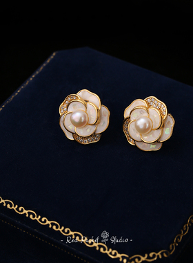 红口袋 法式复古优雅小香风山茶花淡水珍珠珐琅银针锆石耳钉耳环