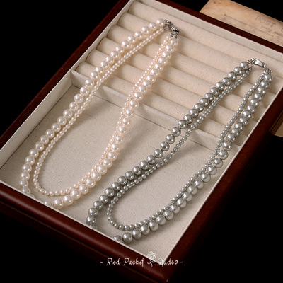 红口袋 法式复古双层叠戴银灰色仿施家珍珠项链可拆卸锁骨毛衣链