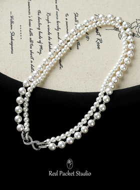 红口袋法式复古轻奢高级感双层珍珠项链镶钻蝴蝶结吊坠贝珠锁骨链