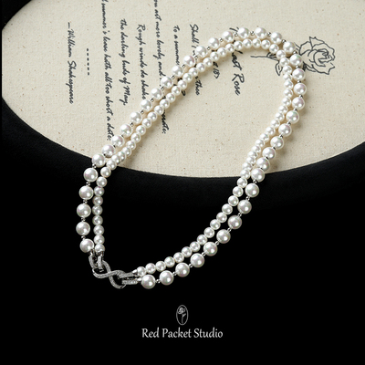 红口袋法式复古轻奢高级感双层珍珠项链镶钻蝴蝶结吊坠贝珠锁骨链