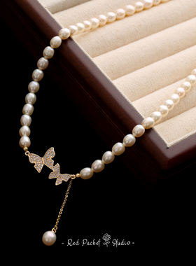 红口袋法式复古天然淡水珍珠项链气质优雅镶钻蝴蝶吊坠米珠锁骨链
