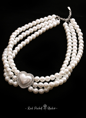 红口袋法式复古爱心三层珍珠项链颈链短款甜美多层新娘写真choker