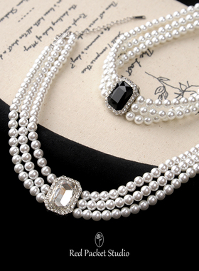 红口袋法式复古赫本风优雅多层珍珠项链仿制黑宝石吊坠颈链choker