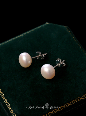 红口袋 法式复古天然淡水珍珠耳钉强光近圆馒头灰色珍珠银针耳饰