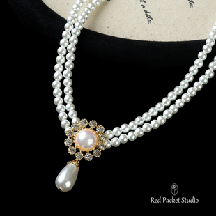 红口袋 法式复古宫廷风双层珍珠项链花朵吊坠锁骨链婚纱摄影饰品