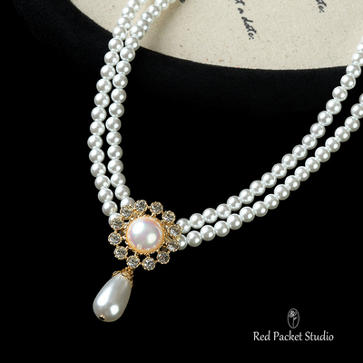 红口袋 法式复古宫廷风双层珍珠项链花朵吊坠锁骨链婚纱摄影饰品